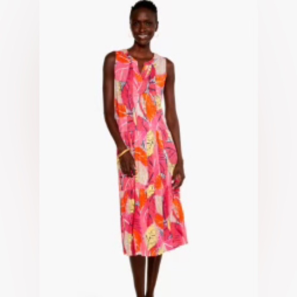 NIC + ZOE Feather Leaves Sleeveless Linen Blend MIDI Dress (Large)